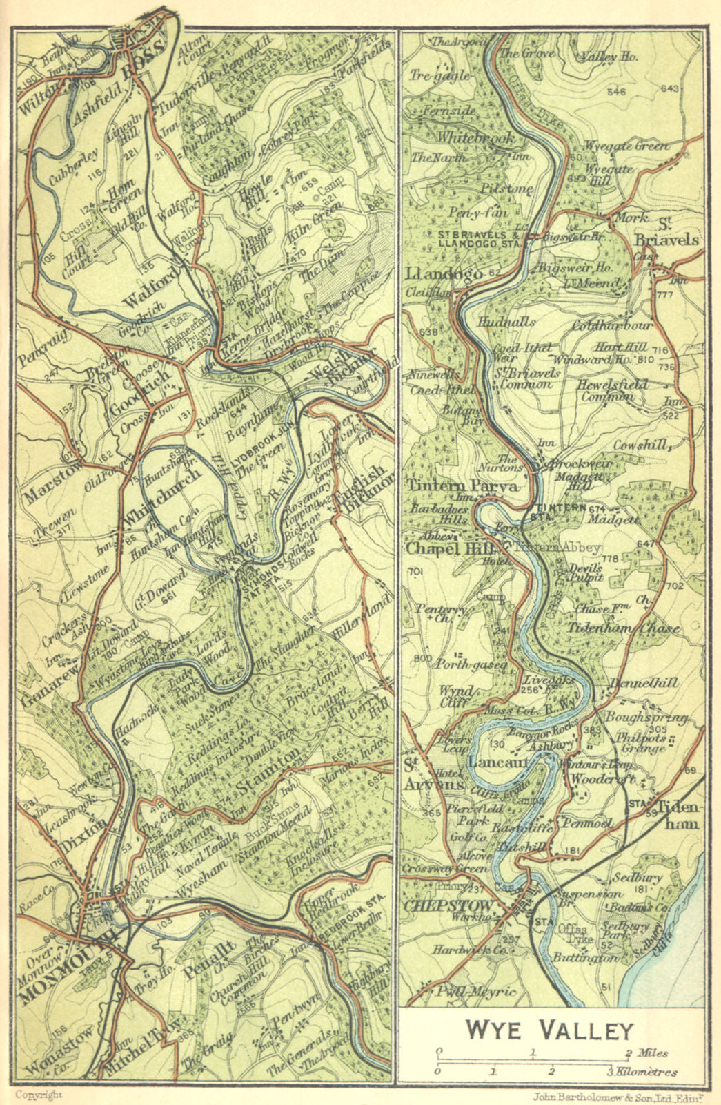 WALES. Wye Valley 1924 old antique vintage map plan chart